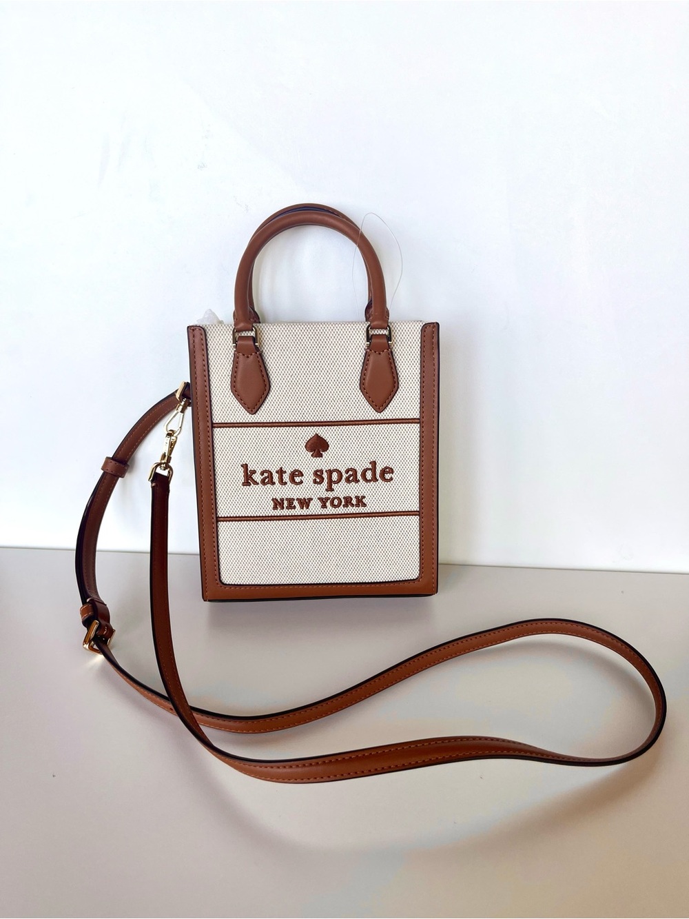 KATE SPADE ♠️ Ellie Canvas Mini Tote in Cognac Tan Leather - Picture 3 of 5